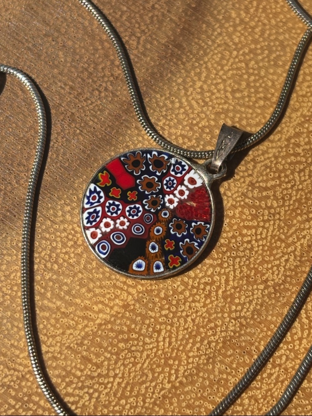 Vintage Millefiori Glass Pendant Necklace in Red and Black AMV